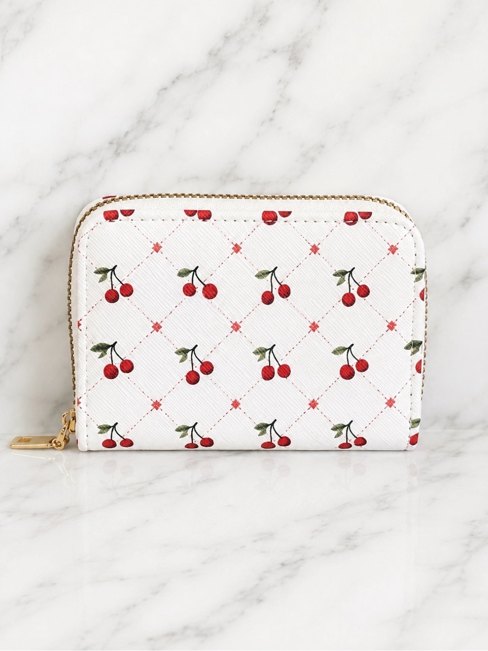 White Cherry Print Zip Card Wallet